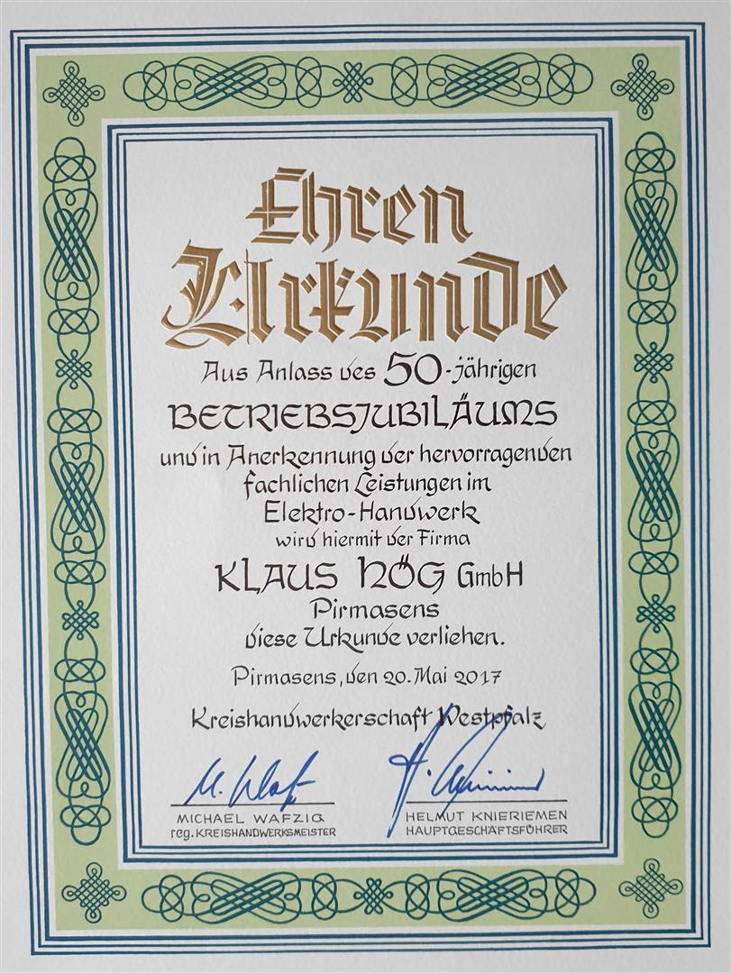 Ehrenurkunde 50 Jahre HWK