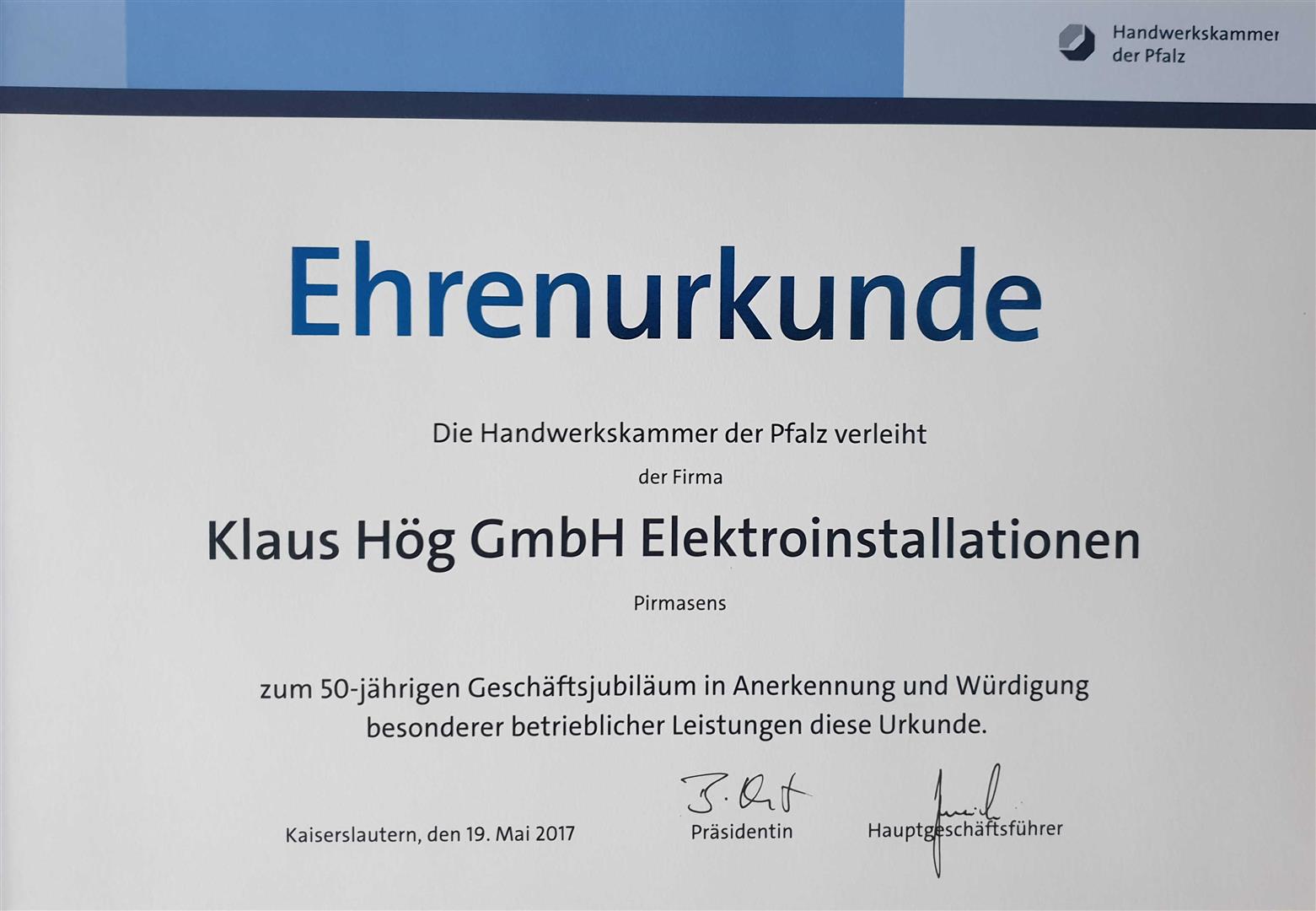 Ehrenurkunde HWK